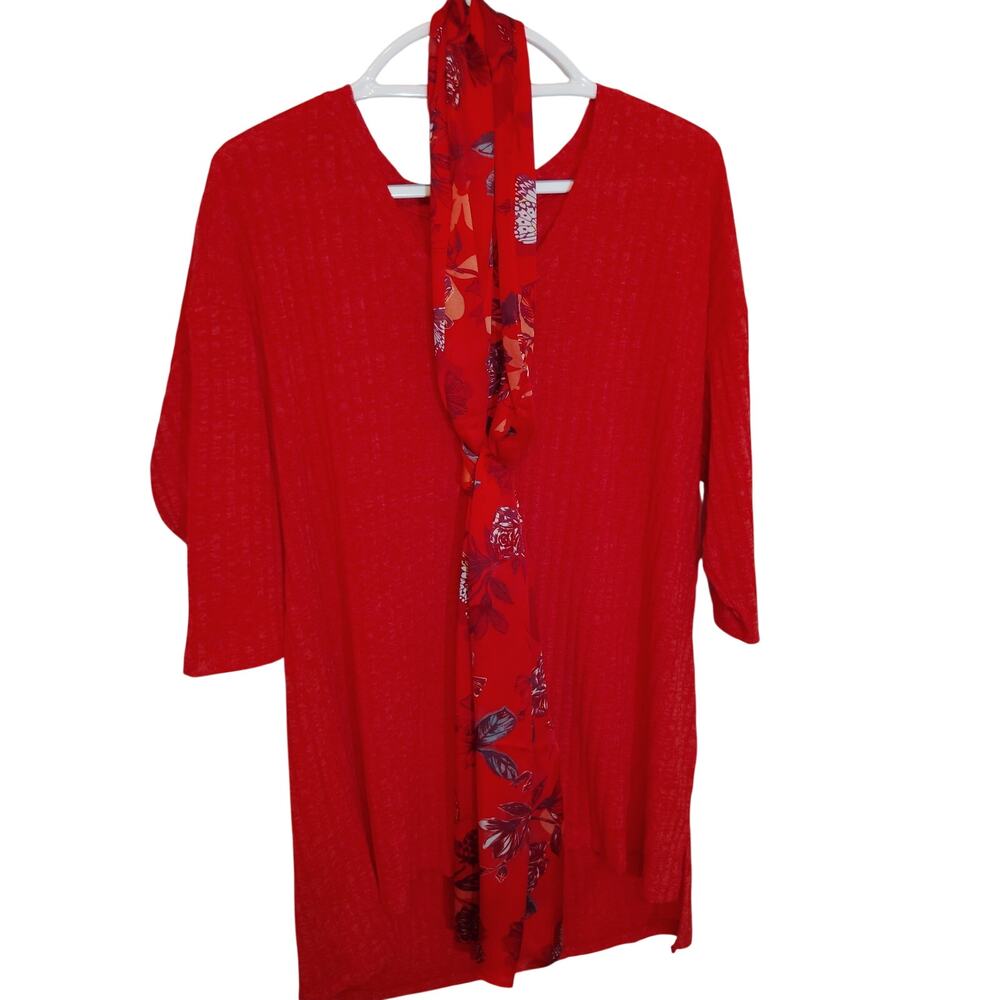 Faded Glory Red Tunic Top & Floral Scarf Set Women’s 1X Excellent Estate Outfit
